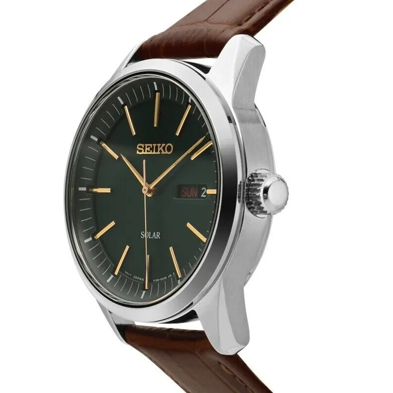 Seiko Solar Dark Green Dial Brown Leather Men's Watch- SNE529P1